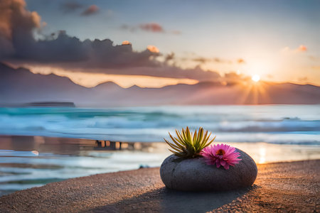 Beautiful seascape with flowers on the beach at sunset.の写真素材