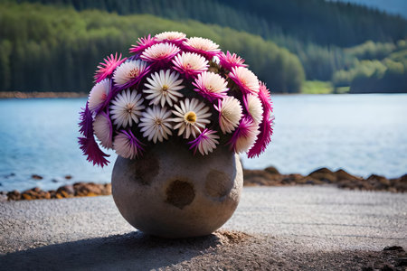 Flower pot on the shore of a mountain lake with mountains in the backgroundの写真素材