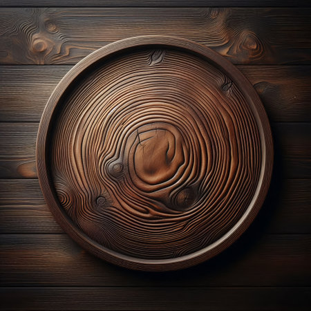 Wooden plate on wooden background. Top view with copy space.の写真素材