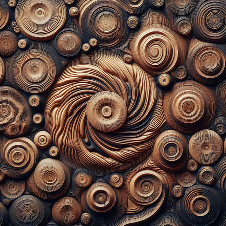 abstract background of a wooden wall with a pattern of circles and spiralsの写真素材