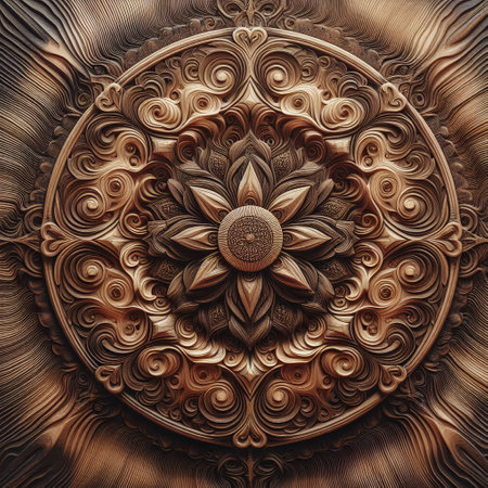 Wooden background with a circular pattern in the form of a flowerの写真素材