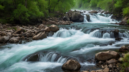 mountain river with green forest and clear water in summer, long exposureの写真素材