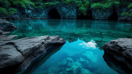 Beautiful turquoise sea and rock in the cave, Thailand