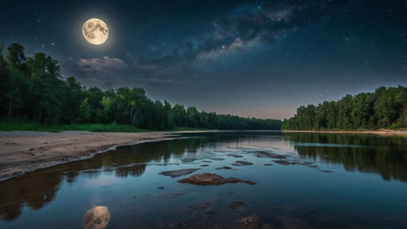 beautiful night landscape with full moon over the river in the forestの写真素材