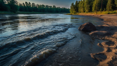 Panoramic view of the sandy shore of the river in summerの写真素材