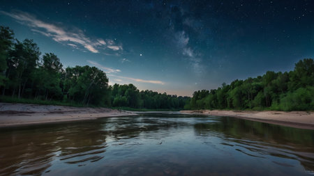 Night landscape with a river and starry sky. Long exposure.