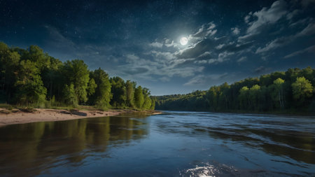 River at night with full moon and stars. Long exposure photo.の写真素材