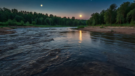 beautiful summer landscape with a river and the moon in the sky