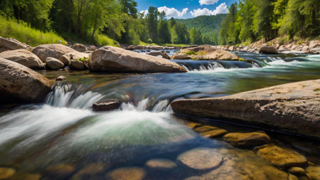 mountain river in the forest on a sunny day, nature seriesの写真素材