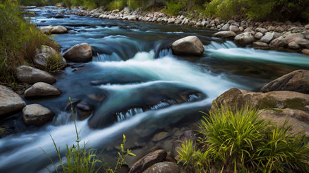 Long exposure of a river flowing through a forest in Tasmania, Australia