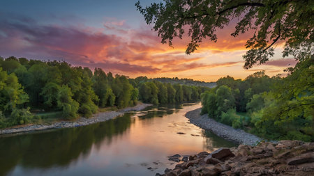 Sunset over the river in the forest. Panoramic view.の写真素材