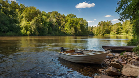 Beautiful summer landscape with a small wooden boat on the river.の写真素材