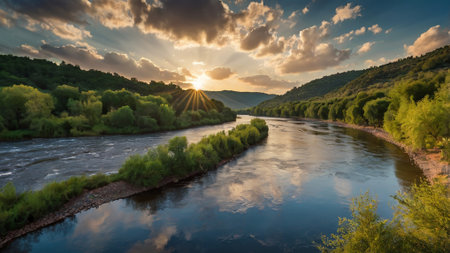 Panoramic view of the river Katun at sunset, Ukraine