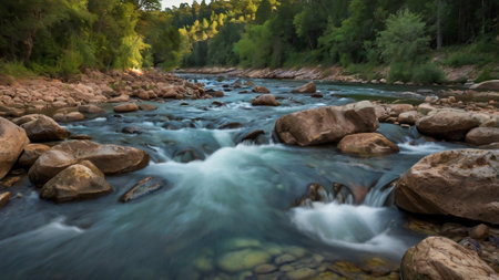 Long exposure of a mountain river flowing through a forest in summer.の写真素材