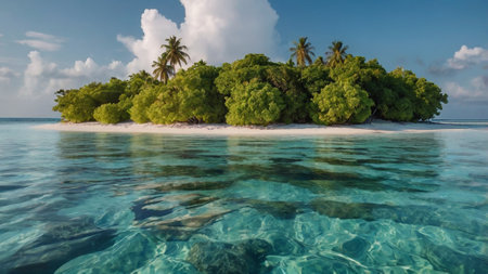 Tropical island with palm trees and turquoise water in the Indian Oceanの写真素材
