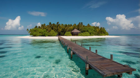 Beautiful tropical island with water bungalows and palm trees at Maldives