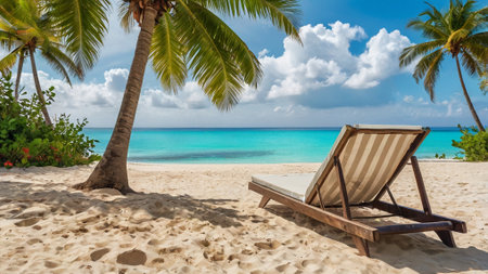 Chaise lounger on tropical beach with coconut palm trees