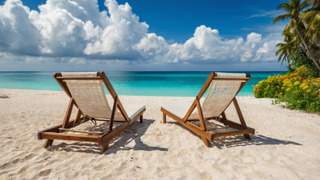 Beach chairs on a tropical beach at Maldives - nature background