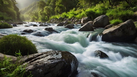 Mountain river flowing through the forest with green grass and rocks.