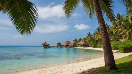 Beautiful tropical beach with water bungalows and palm trees at Maldives