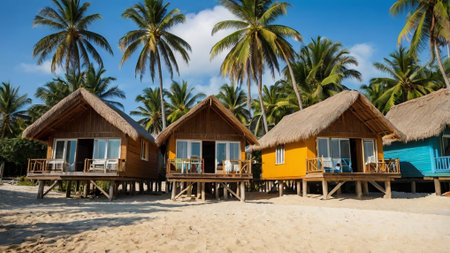 Tropical beach with wooden bungalows and palm trees on the backgroundの写真素材