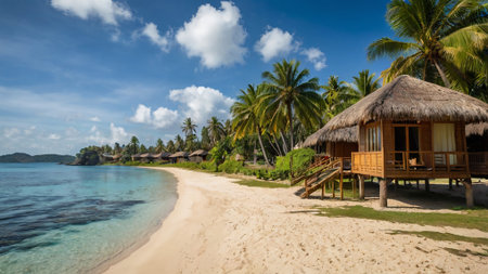Tropical beach with bungalows and palm trees at Seychelles