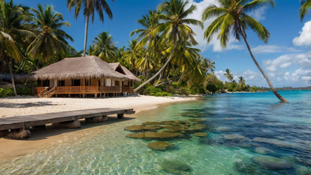 Tropical beach with bungalows and palm trees at Seychelles