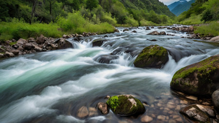 Long exposure of a mountain river flowing over rocks in the gorge.の写真素材