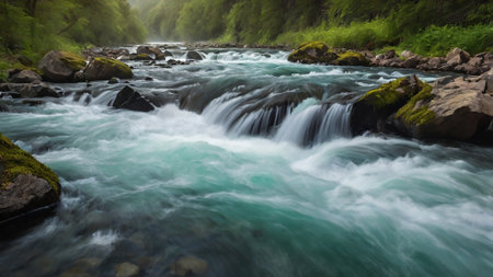 Long exposure of a mountain stream flowing through a green forest in summerの写真素材