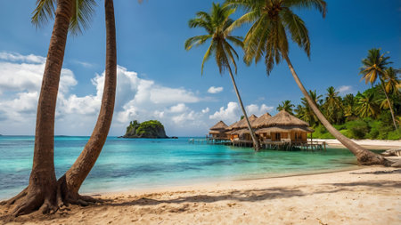 Tropical beach with palm trees and bungalows at Seychelles