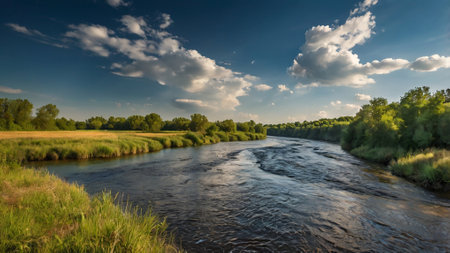 Panoramic view of the river on a sunny summer day.の写真素材