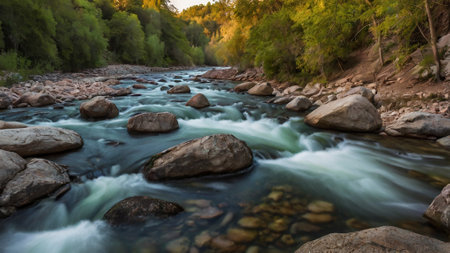 Landscape of river flowing through forest at sunset. Long exposure.の写真素材
