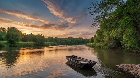 Boat on the river at sunset. Landscape of the river.の写真素材
