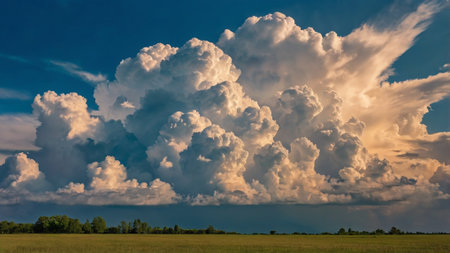 Dramatic sky with cumulus clouds over a green meadow