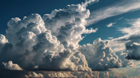 Dramatic sunset sky with dark and light cumulus clouds.の写真素材