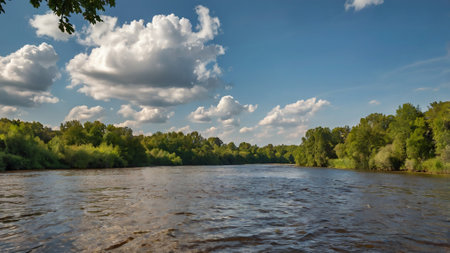 Panoramic view of the river and forest on a sunny dayの写真素材