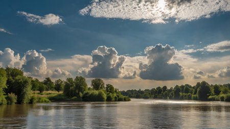 Summer landscape with the river and clouds. Russia, Moscow region.の写真素材