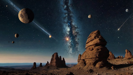 Fantasy alien planet. Mountain and moon. 3D Illustration