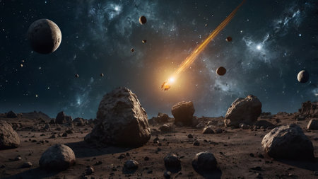 Cosmic landscape with planets, stars and galaxies. 3d renderingの写真素材