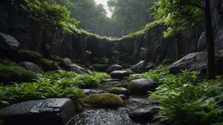 Rain drops falling on a stream in a tropical rainforest with lush greeneryの写真素材