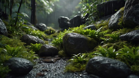 Small waterfall in the rainforest with green moss and stones. Selective focus.の写真素材