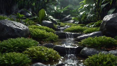 waterfall in the garden with rocks and green plants in the rainの写真素材