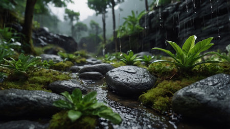 Pebbles in the rain forest with green plants and raindropsの写真素材