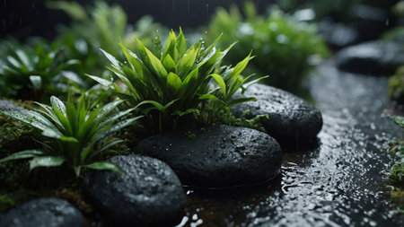zen basalt stones with water drops and green plants on black backgroundの写真素材
