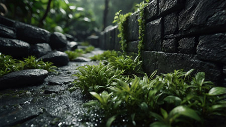 Wet stone wall and green plants in the garden. Nature background