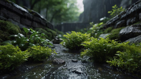 Rainy day in the garden with small waterfall and green plants.の写真素材