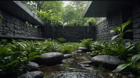 Garden with stones and green plants in the rain, 3d rendering