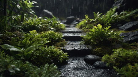 Ferns and stone stairs in the rain. Nature concept.