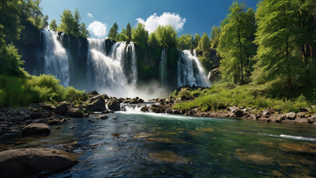 Waterfall in the forest on a background of blue sky with clouds