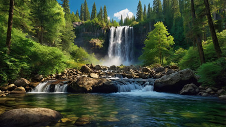 Waterfall in the forest. Beautiful summer landscape with a waterfall.